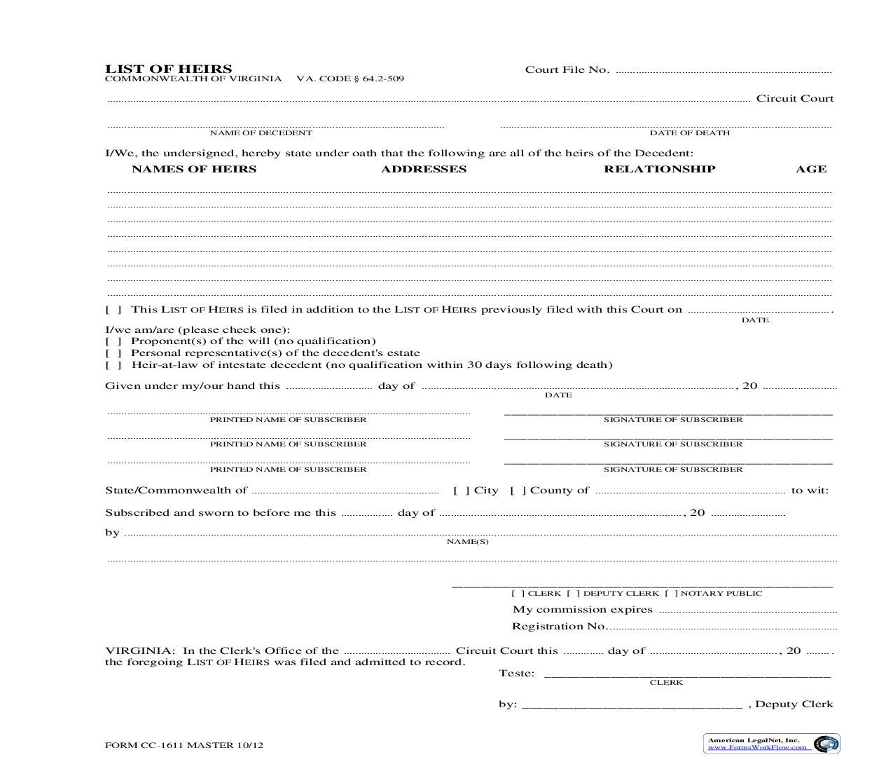 List Of Heirs {CC-1611} | Pdf Fpdf Doc Docx | Virginia