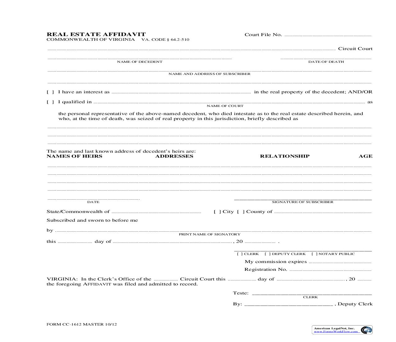 List Of Heirs Real Estate Affidavit {CC-1612} | Pdf Fpdf Doc Docx | Virginia