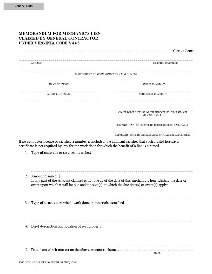 Memorandum For Mechanics Lien Claimed By General Contractor Under Virginia Code {CC-1512} | Pdf Fpdf Docx | Virginia