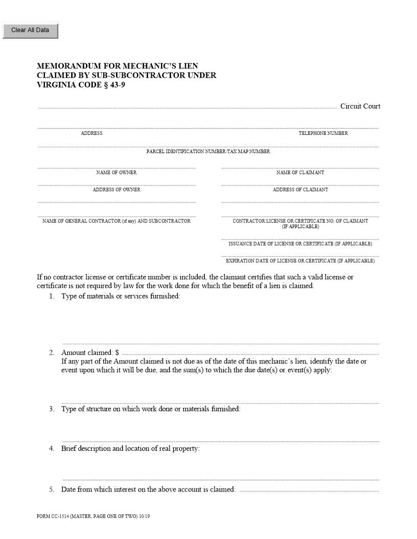 Memorandum For Mechanics Lien Claimed By Sub-Subcontractor {CC-1514} | Pdf Fpdf Docx | Virginia