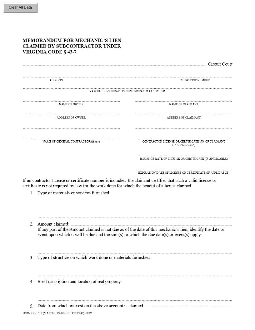 Memorandum For Mechanics Lien Claimed By Subcontractor {CC-1513} | Pdf Fpdf Docx | Virginia