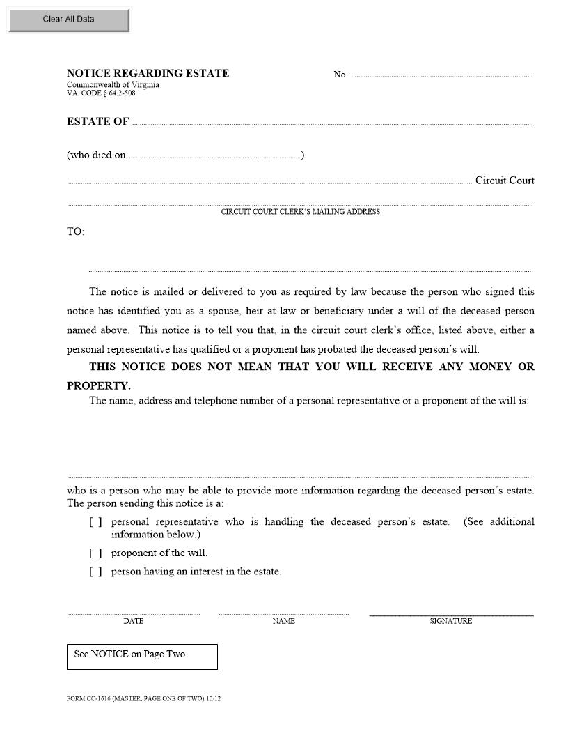 Notice Regarding Estate Of {CC-1616} | Pdf Fpdf Doc Docx | Virginia
