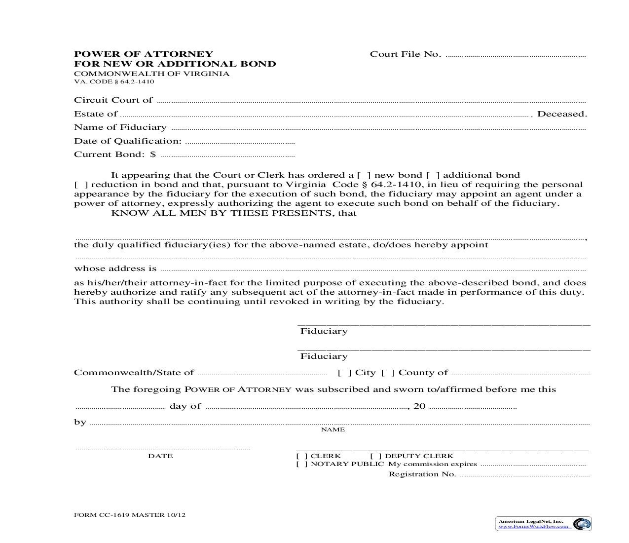 Power Of Attorney For New Or Additional Bond {CC-1619} | Pdf Fpdf Doc Docx | Virginia