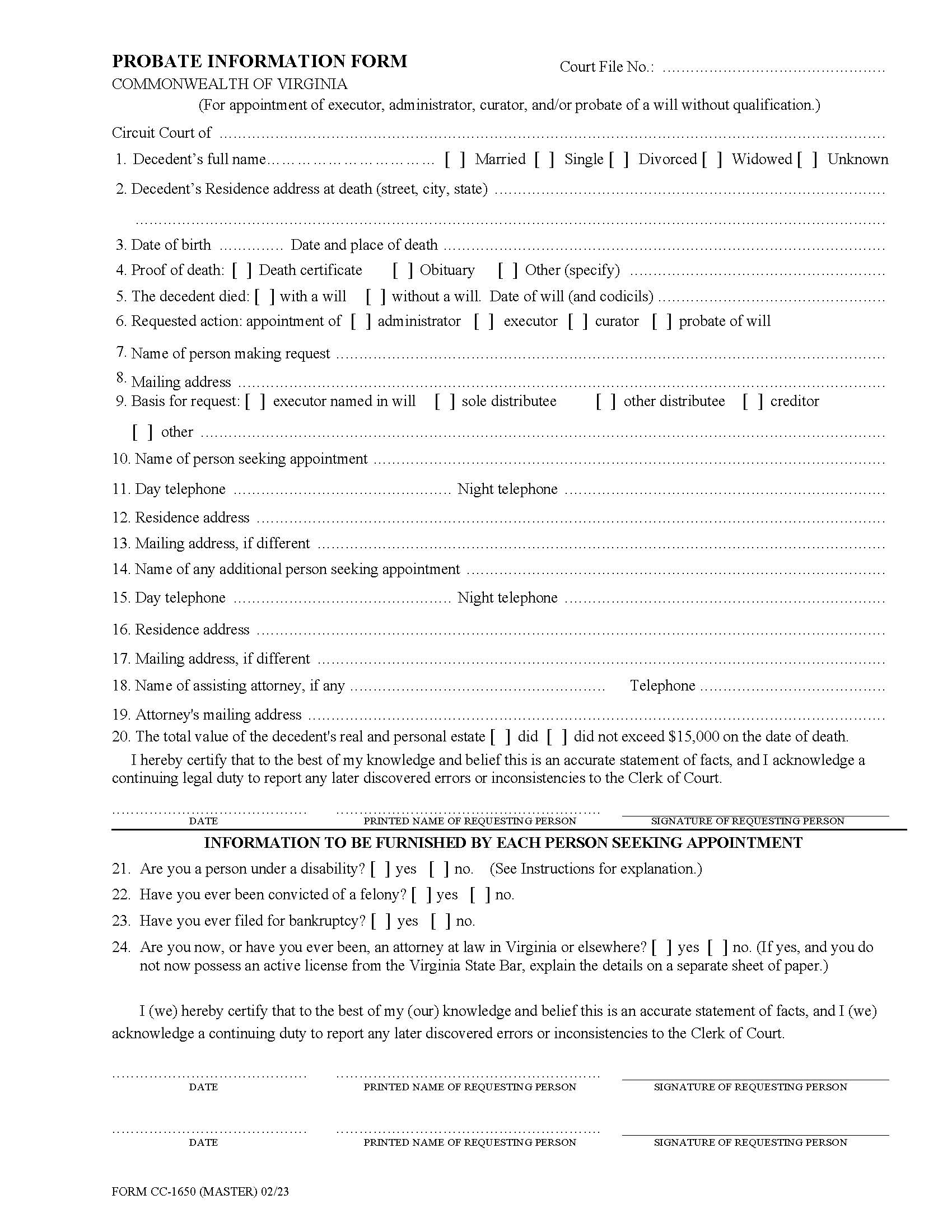 Probate Information Form {CC-1650} | Pdf Fpdf Doc Docx | Virginia