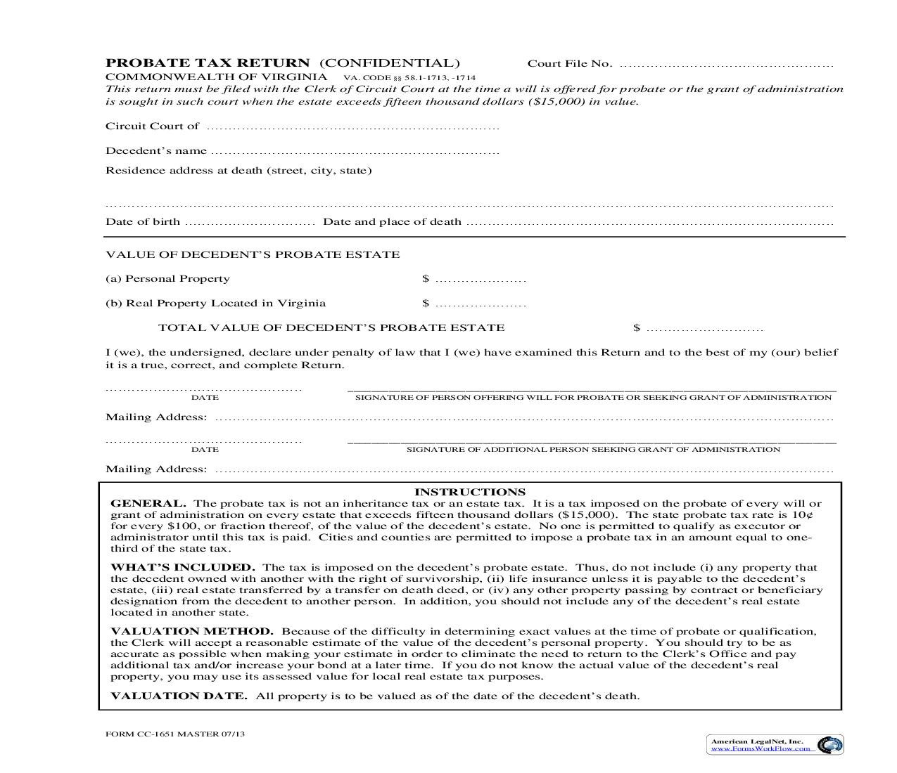 Probate Tax Return {CC-1651} | Pdf Fpdf Doc Docx | Virginia