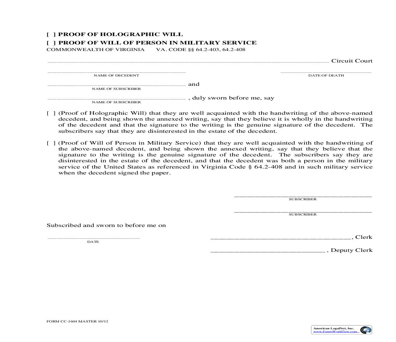 Proof Of Holographic Will Proof Of Soldiers Or Sailors Will {CC-1604} | Pdf Fpdf Doc Docx | Virginia