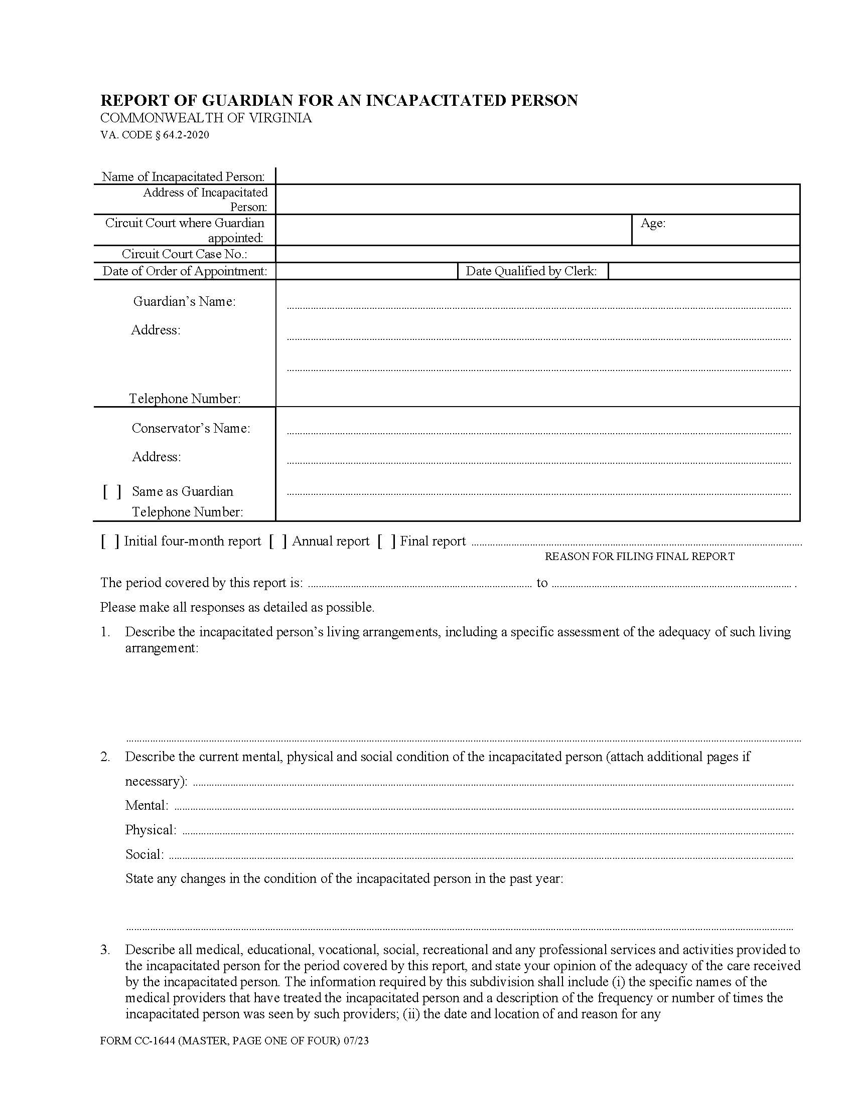 Report Of Guardian For An Incapacitated Person {CC-1644} | Pdf Fpdf Doc Docx | Virginia