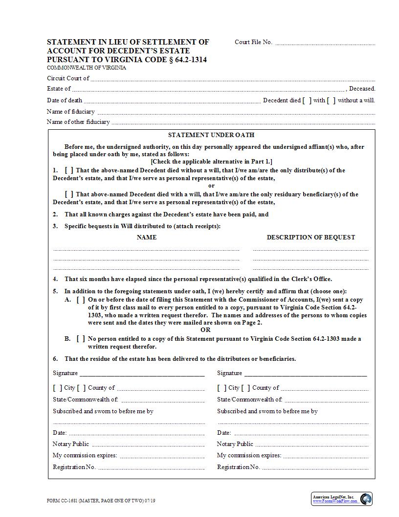 Statement In Lieu Of Settlement Of Account For Decedents Estates {CC-1681} | Pdf Fpdf Docx | Virginia