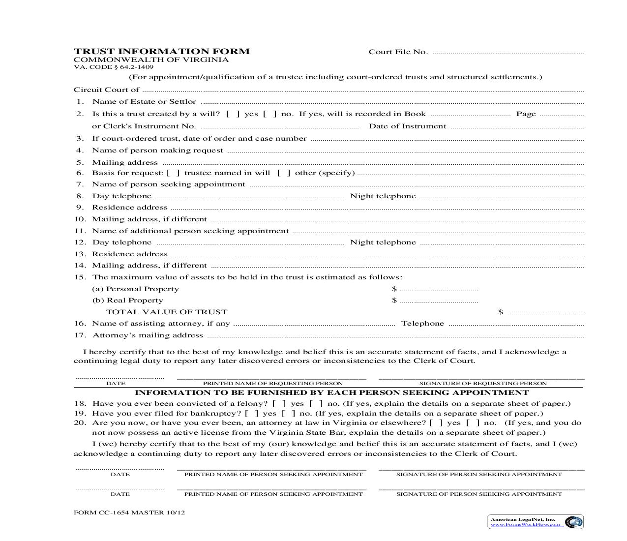 Trust Information Form {CC-1654} | Pdf Fpdf Doc Docx | Virginia