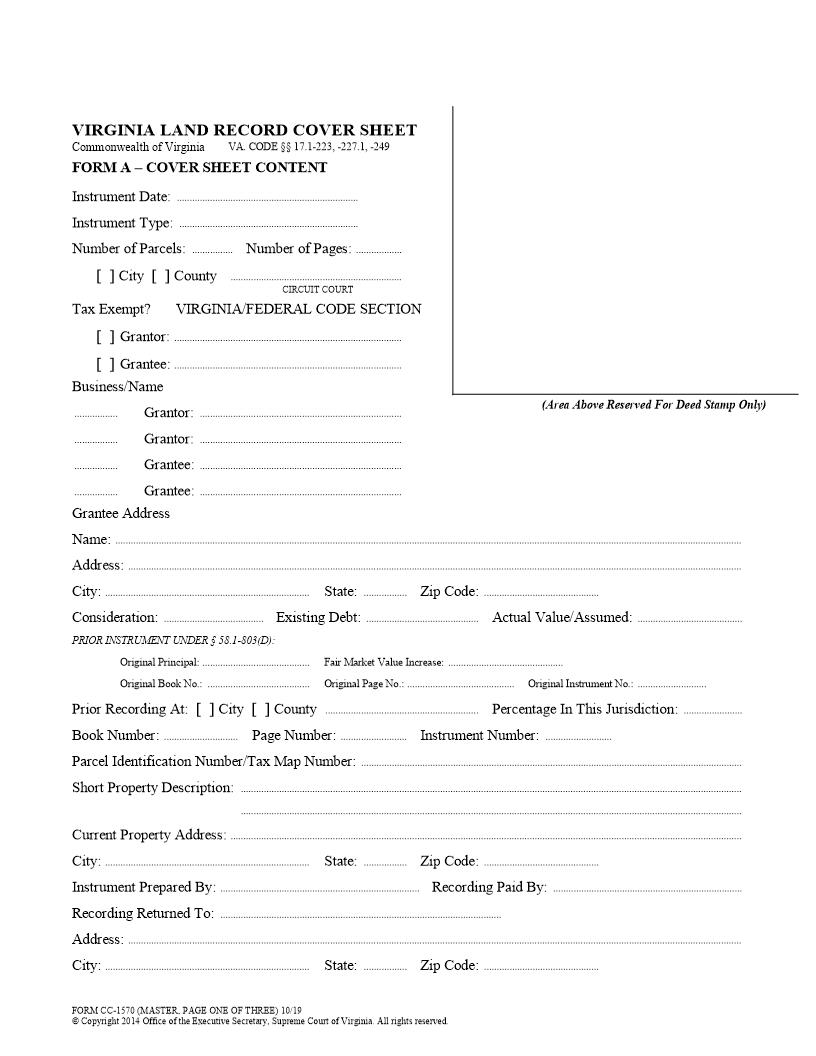 Virginia Land Record Cover Sheet {CC-1570} | Pdf Fpdf Docx | Virginia