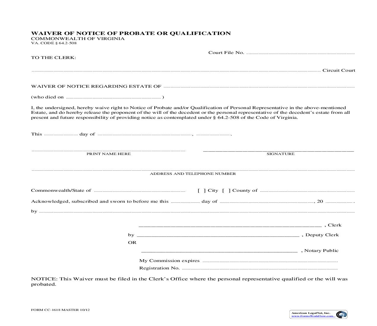Waiver Of Notice Of Probate Or Qualification {CC-1618} | Pdf Fpdf Doc Docx | Virginia