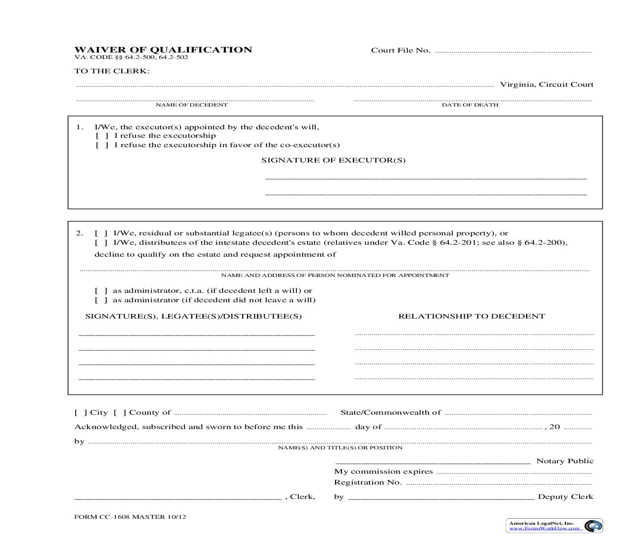 Waiver Of Qualification {CC-1608} | Pdf Fpdf Doc Docx | Virginia