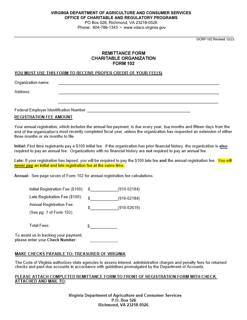 Remittance Form Charitable Organization-Registration Statement For Charitable Organization  {102} | Pdf Fpdf Doc Docx | Virginia