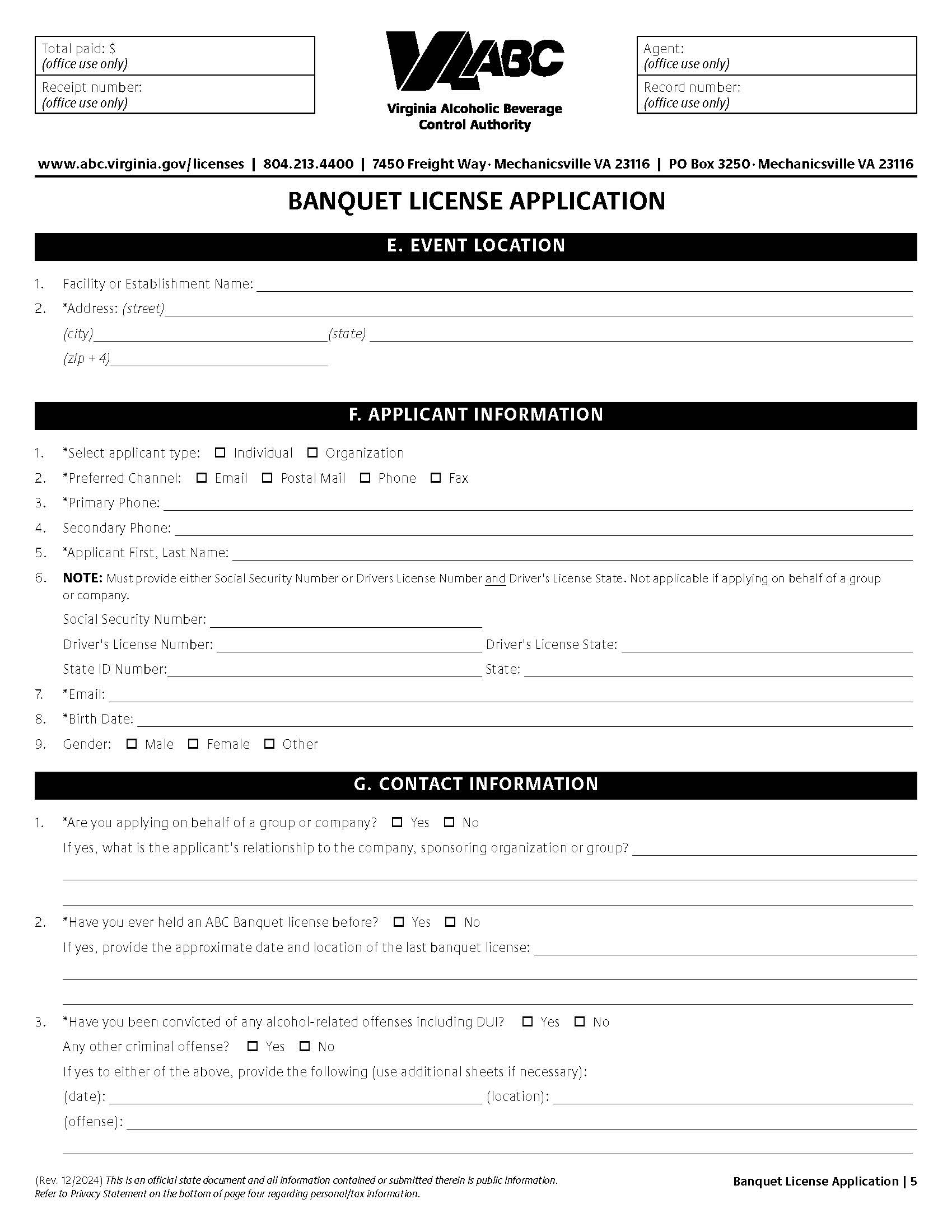 Banquet License Application | Pdf Fpdf Docx | Virginia
