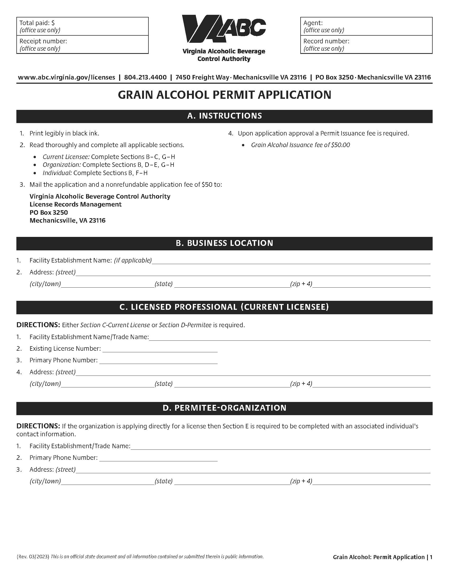 Grain Alcohol Permit Application | Pdf Fpdf Doc Docx | Virginia
