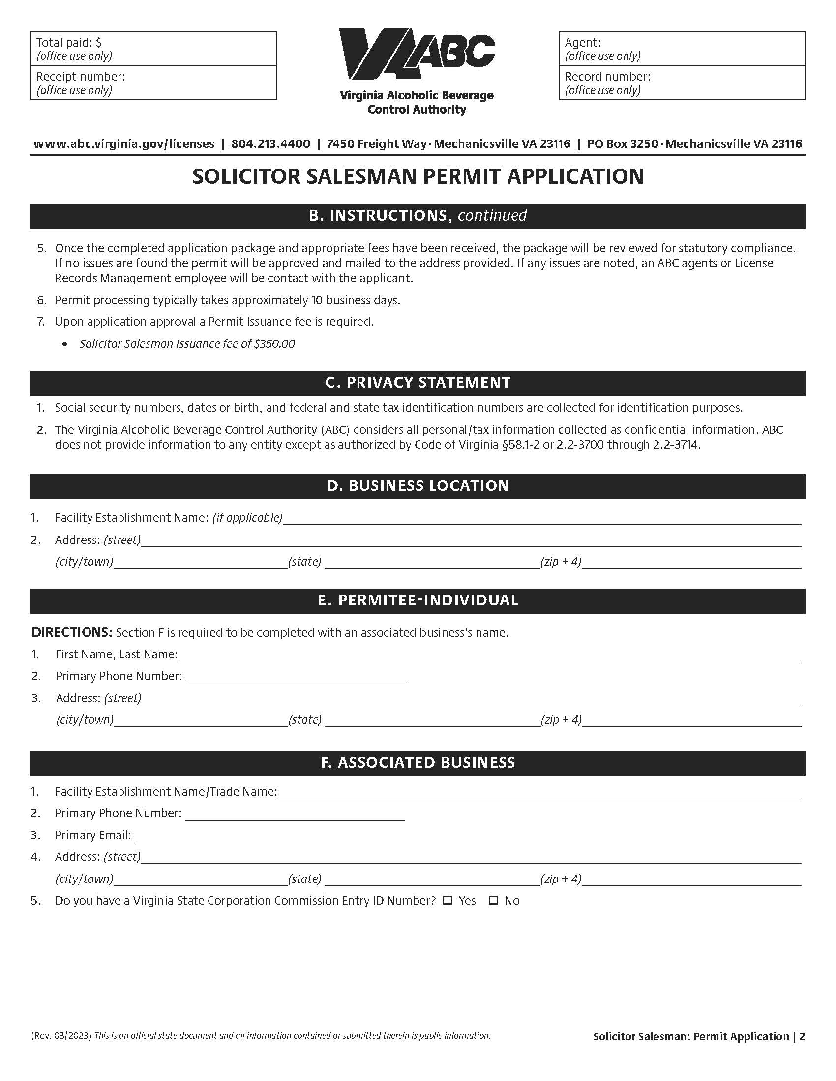 Solicitor Salesman Permit Application | Pdf Fpdf Doc Docx | Virginia