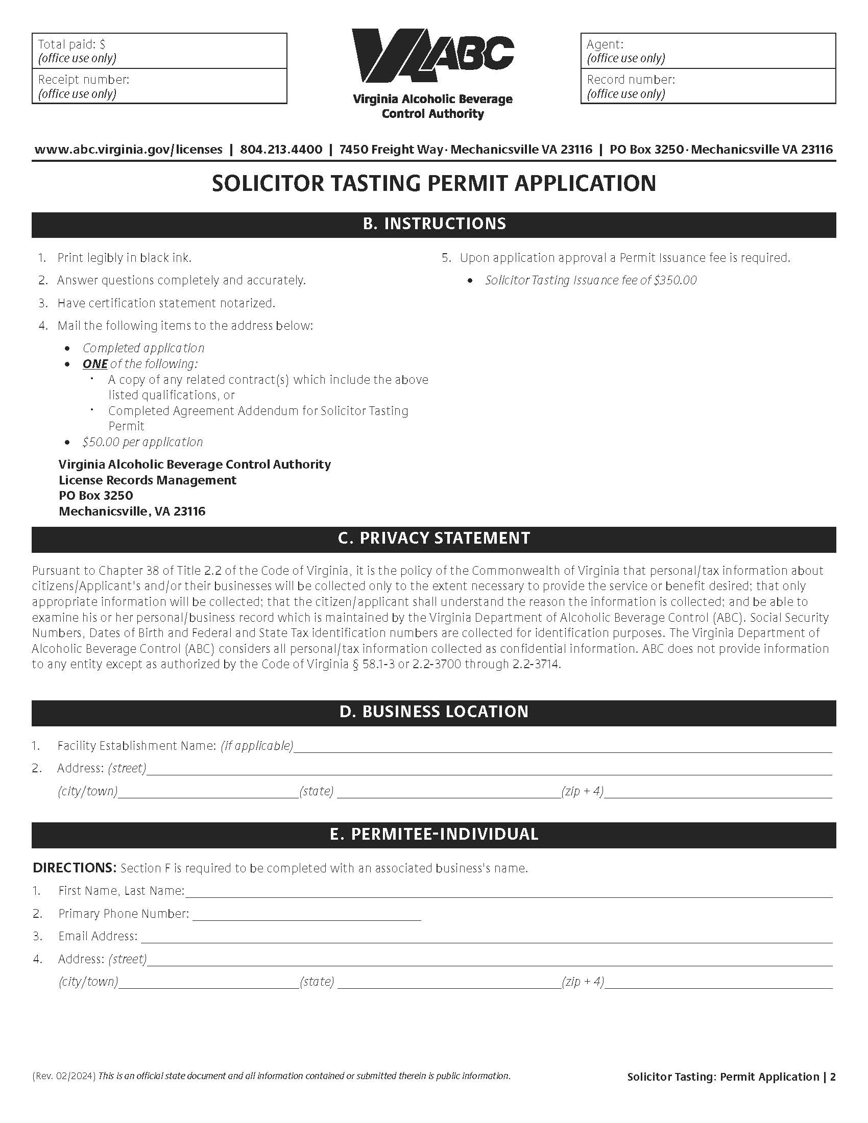 Solicitor Tasting Permit Application | Pdf Fpdf Doc Docx | Virginia
