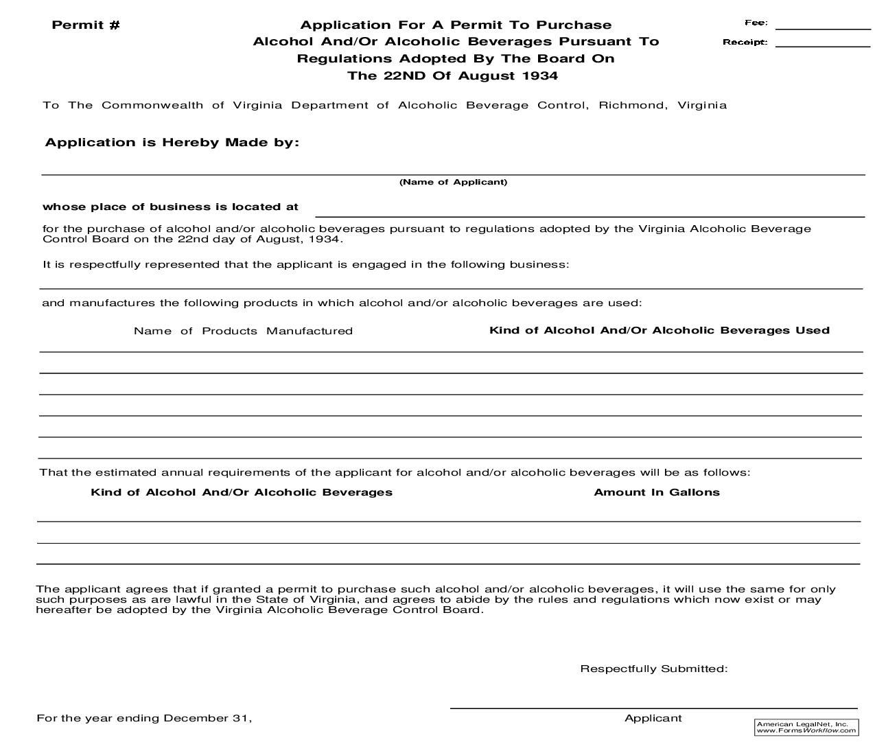 Application For Permit To Purchase Alcohol And-Or Alcoholic Beverages |  | Virginia