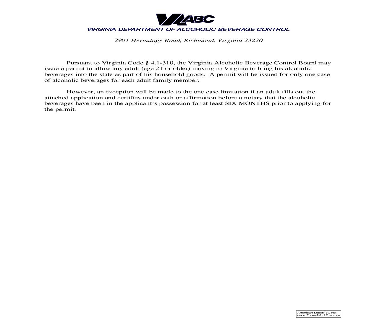 Application-Permit To Import Alcoholic Beverages In Personal Or Household Effects Of Person Moving Residence To Virginia |  | Virginia