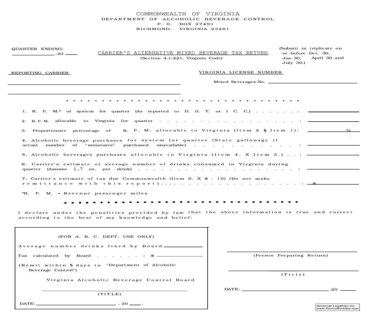 Carriers Alternative Mixed Beverage Tax Return |  | Virginia