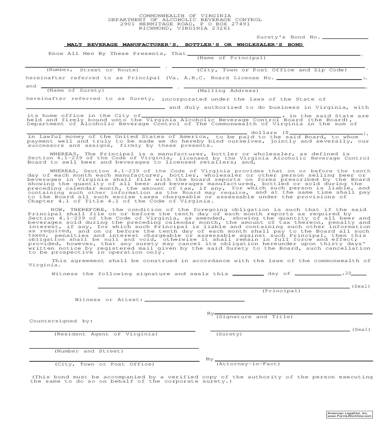 Malt Beverage Manufacturers Bottlers Or Wholesalers Bond |  | Virginia