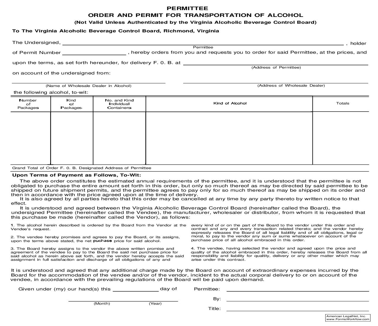 Permitee Order And Permit For Transportation Of Alcohol |  | Virginia