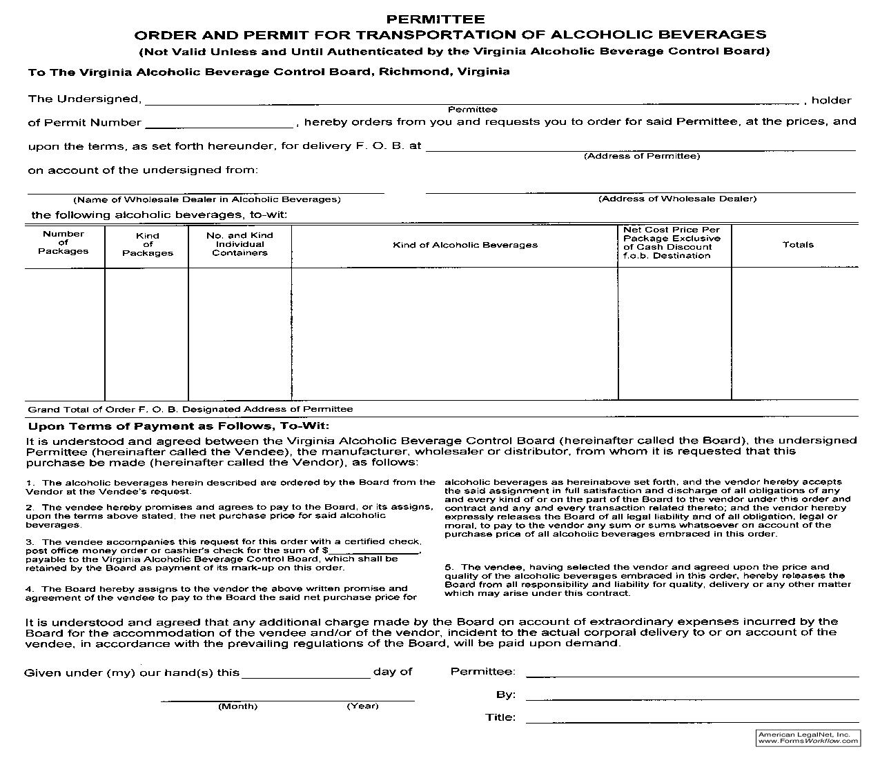 Permitee Order And Permit For Transportation Of Alcoholic Beverages |  | Virginia