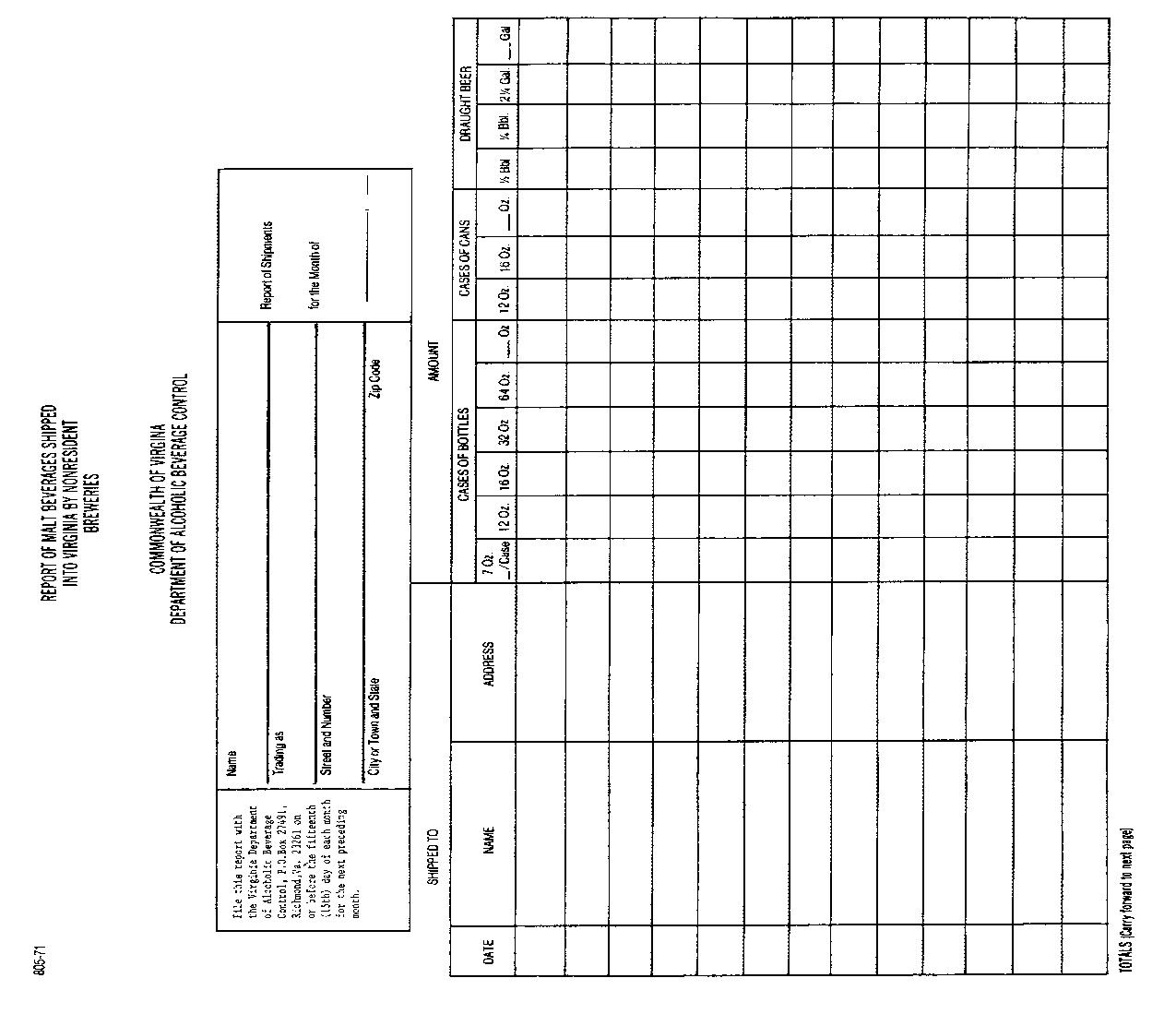 Report Of Malt Beverages Shipped Into Virginia By Non-Resident Breweries |  | Virginia