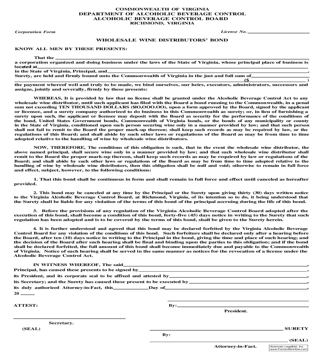 Wholesale Wine Distributors Bond (Corporation) |  | Virginia