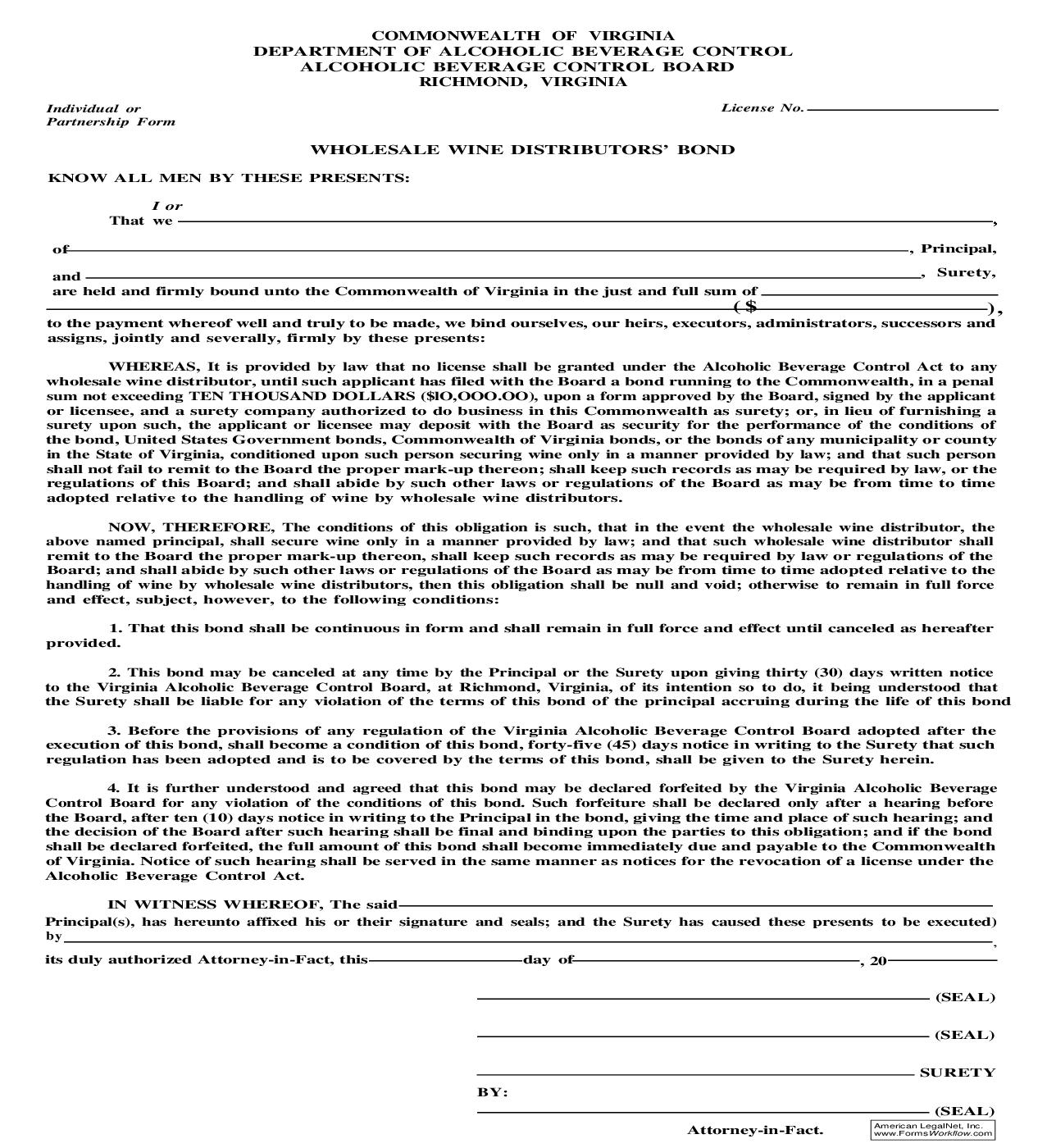 Wholesale Wine Distributors Bond (Individual Or Partnership) |  | Virginia