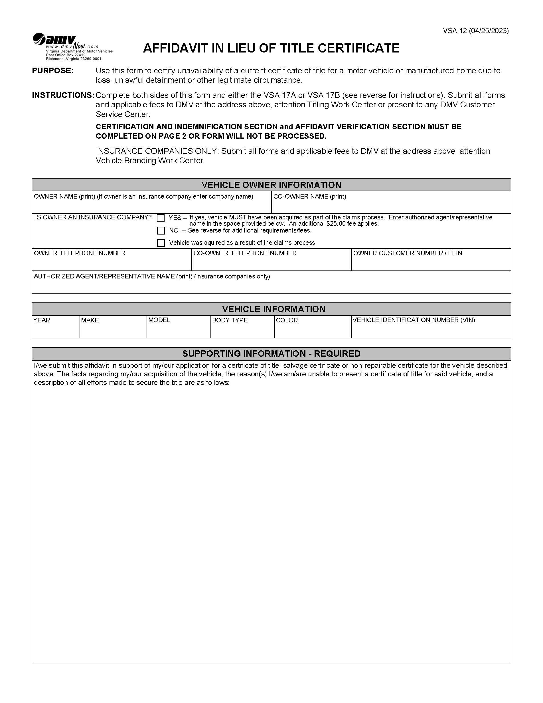 Affidavit In Lieu Of Title Certificate {VSA 12} | Pdf Fpdf Docx | Virginia