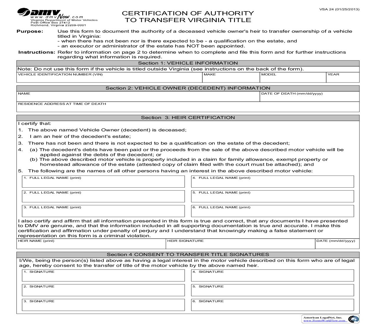 Certification Of Authority To Transfer Virginia Title {VSA 24} | Pdf Fpdf Doc Docx | Virginia