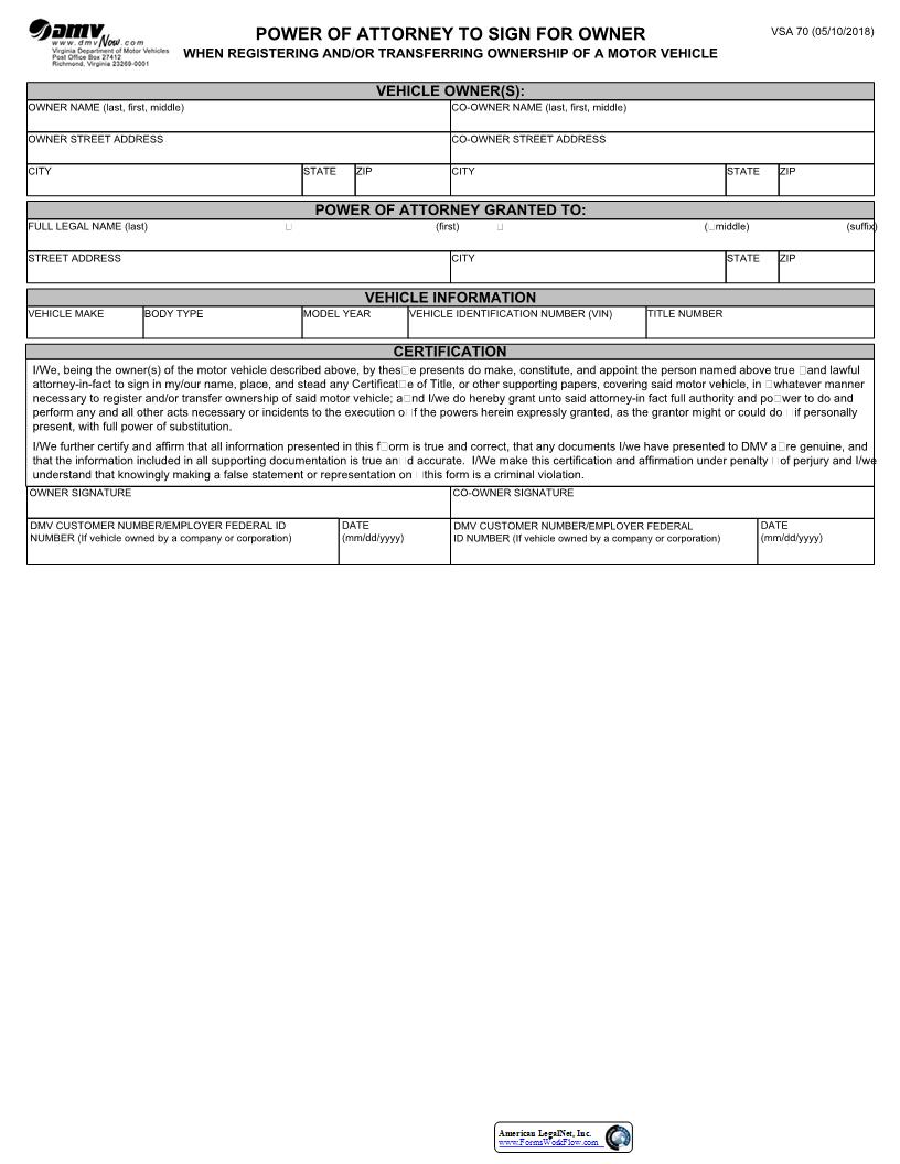 Power Of Attorney To Sign For Owner Of Motor Vehicle {VSA 70} | Pdf Fpdf Docx | Virginia