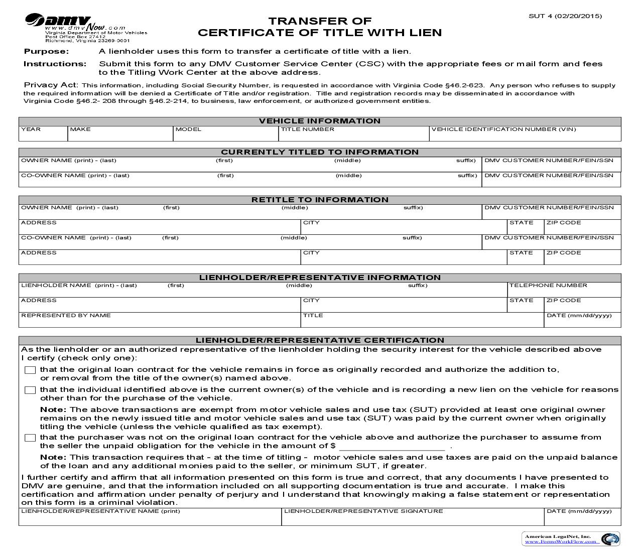Transfer Of Certificate Of Lien Information {SUT 4} | Pdf Fpdf Doc Docx | Virginia