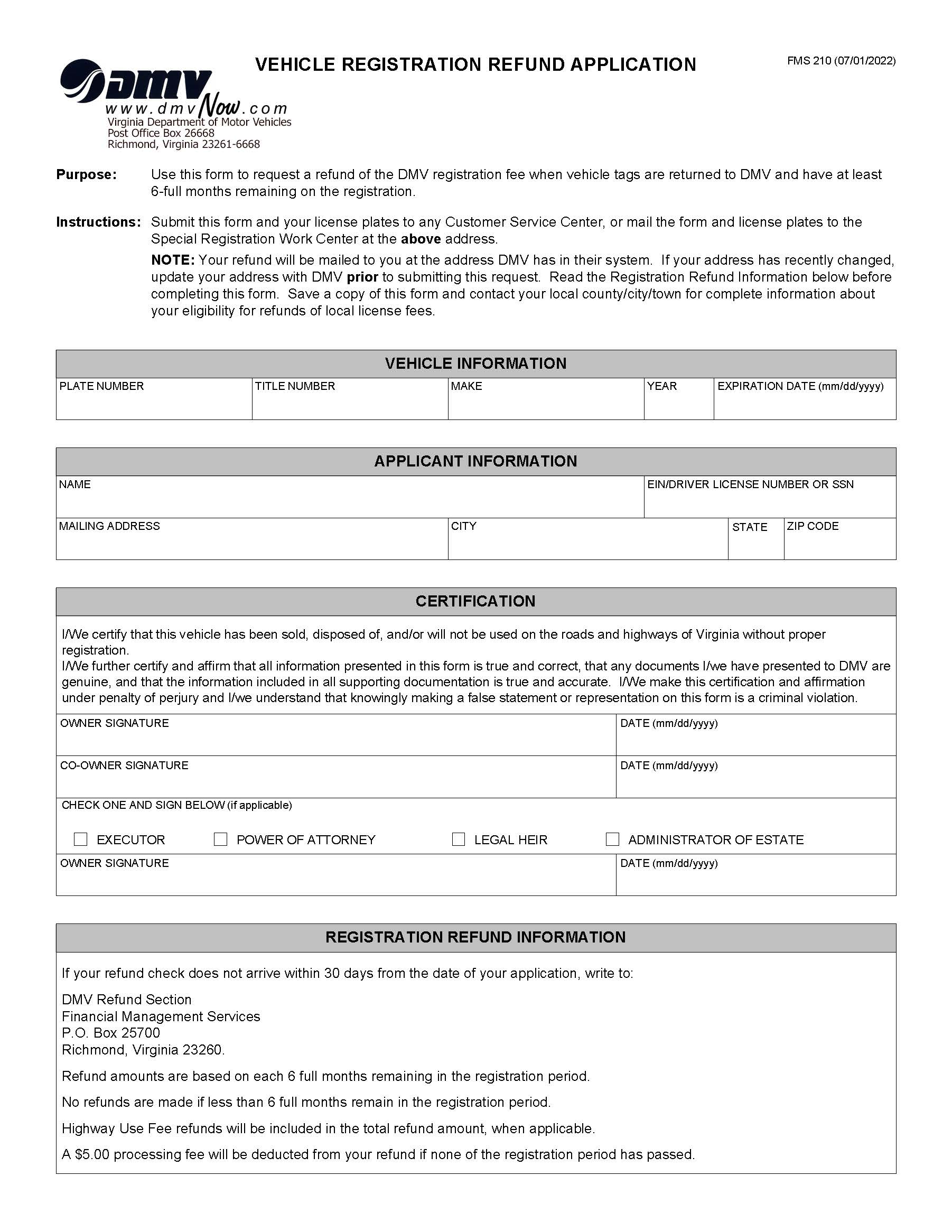 Vehicle Registration Refund Application {FMS 210} | Pdf Fpdf Docx | Virginia