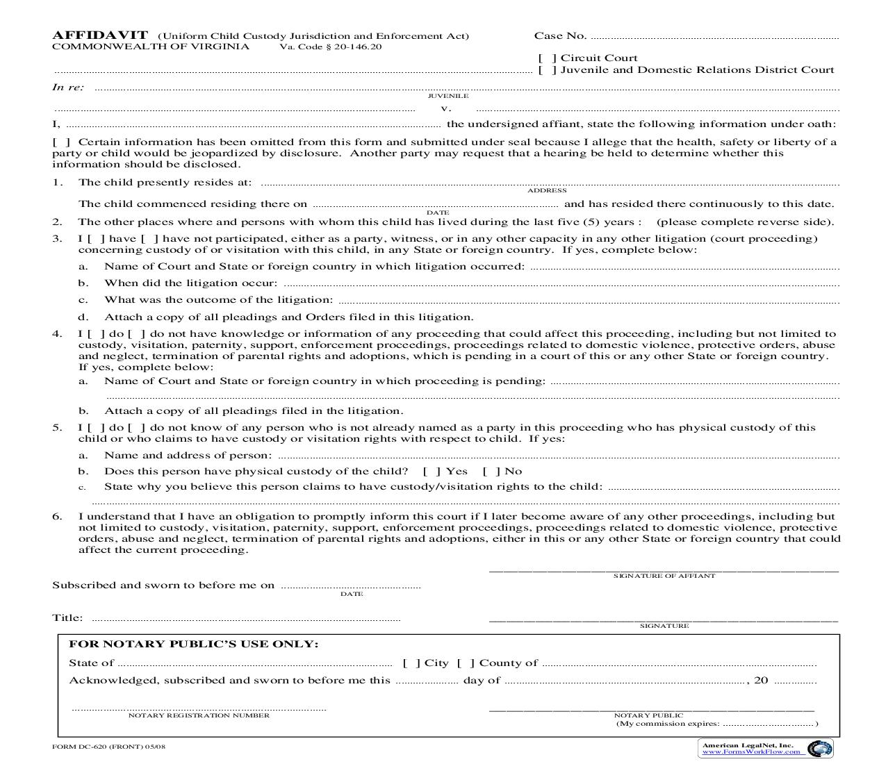 Affidavit {DC-620} | Pdf Fpdf Doc Docx | Virginia