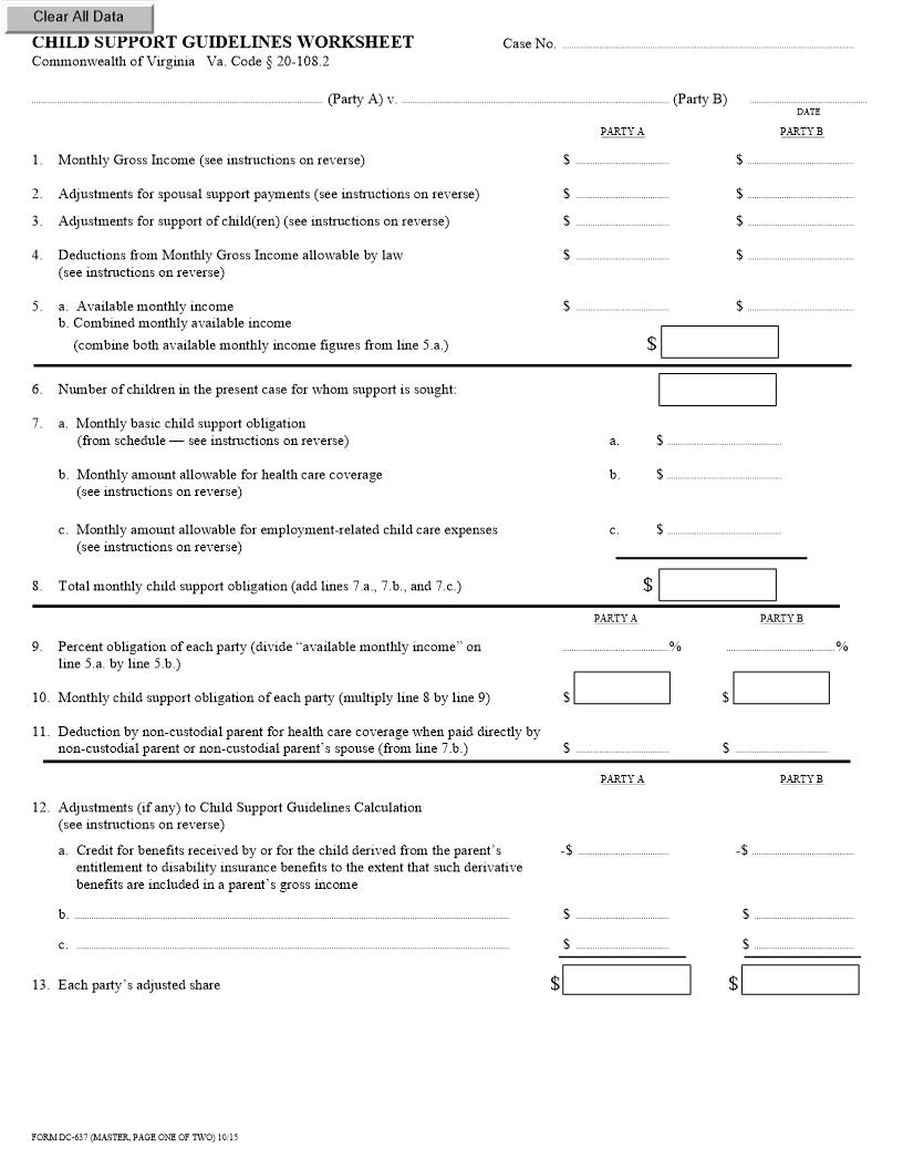 Child Support Guidelines Worksheet {DC-637} | Pdf Fpdf Doc Docx | Virginia