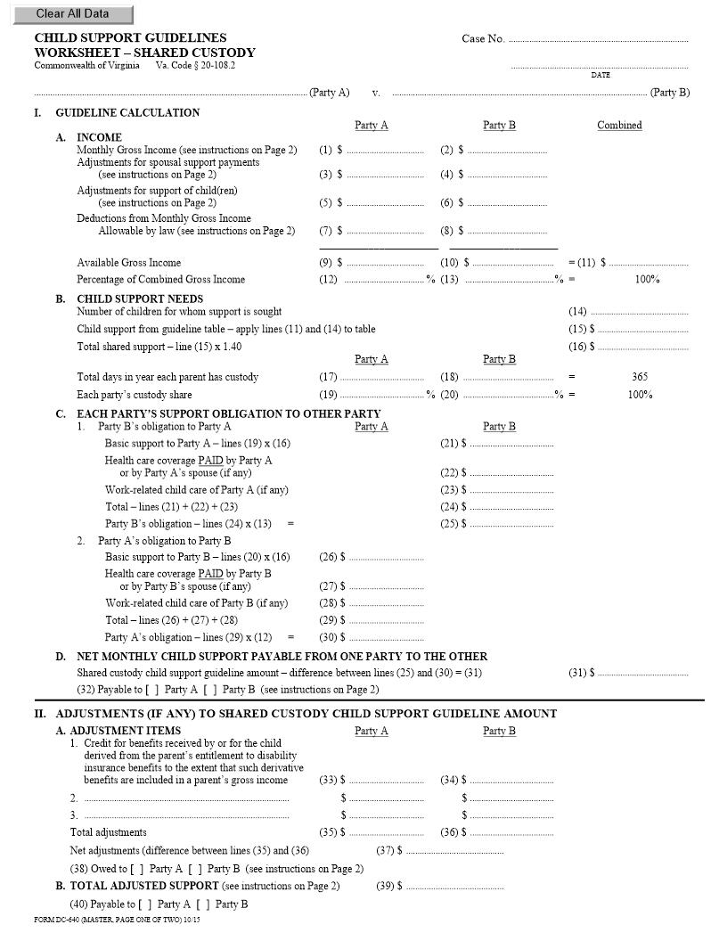 Child Support Guidelines Worksheet Shared Custody {DC-640} | Pdf Fpdf Doc Docx | Virginia