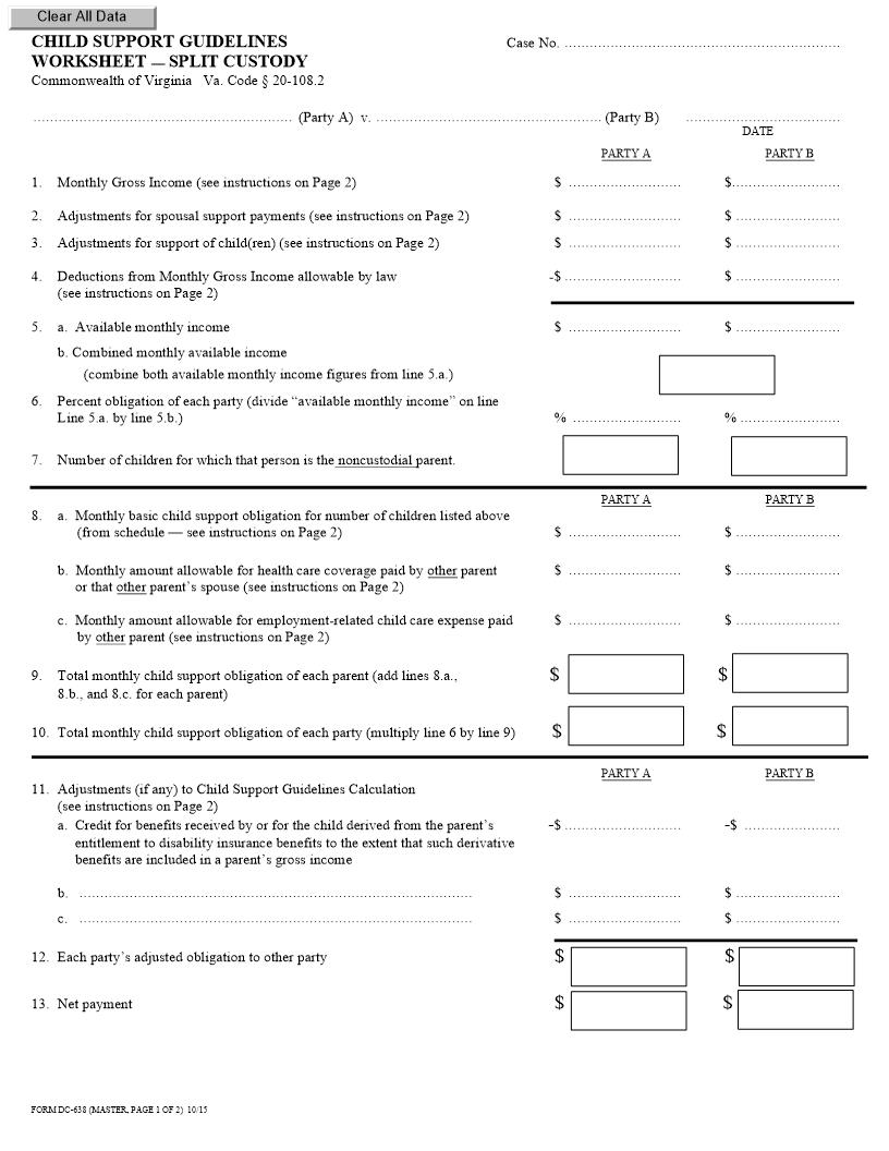 Child Support Guidelines Worksheet Split Custody {DC-638} | Pdf Fpdf Doc Docx | Virginia