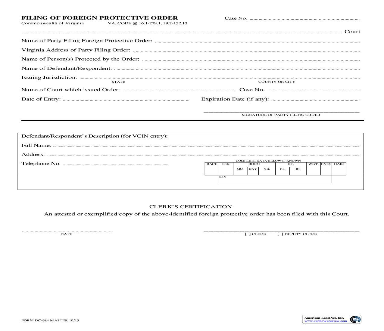 Filing For Foreign Protective Order {DC-684} | Pdf Fpdf Doc Docx | Virginia