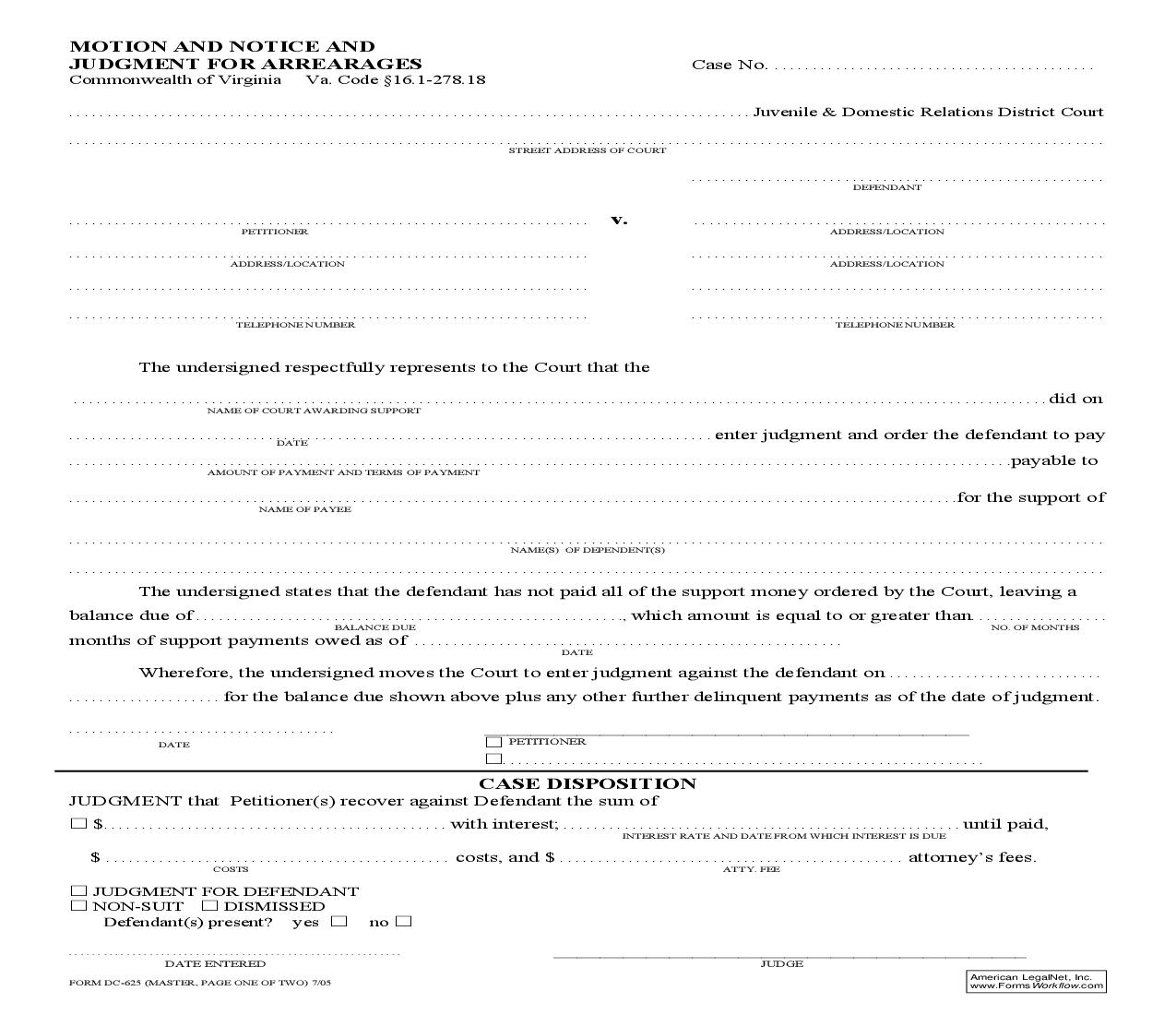 Motion And Notice And Judgment For Arrearages {DC-625} | Pdf Fpdf Doc Docx | Virginia