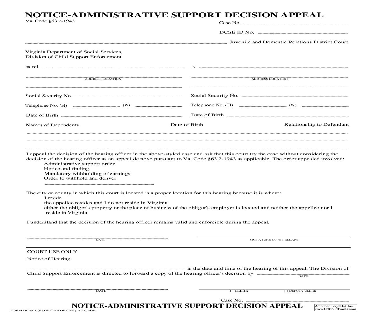 Notice Administrative Support Decision Appeal {DC-601} | Pdf Fpdf Doc Docx | Virginia