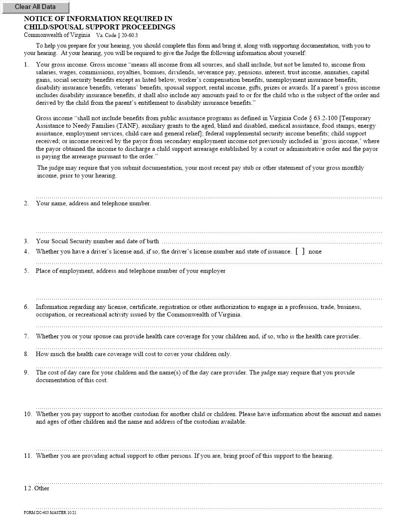 Notice Of Information Required In Child Spousal Support Proceedings {DC-603} | Pdf Fpdf Doc Docx | Virginia