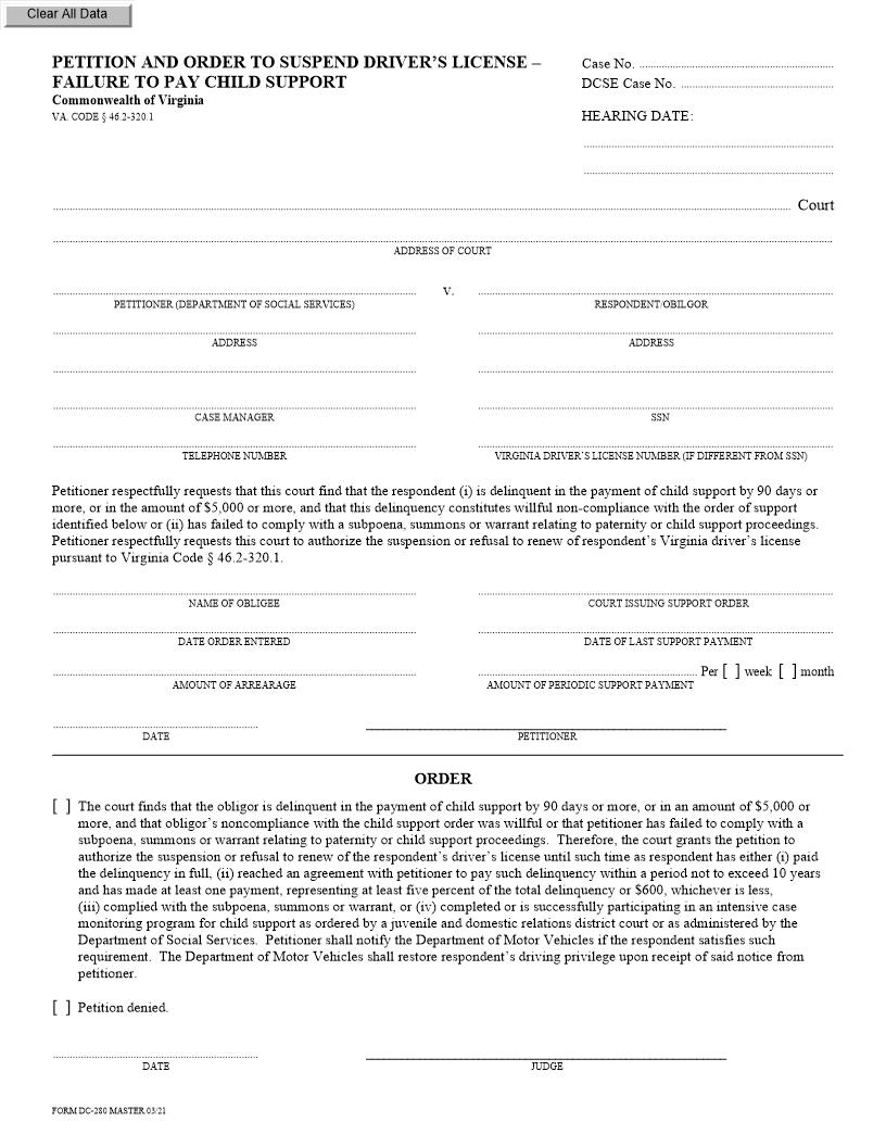 Petition And Order To Suspend Drivers License Failure To Pay Child Support {DC-280} | Pdf Fpdf Docx | Virginia