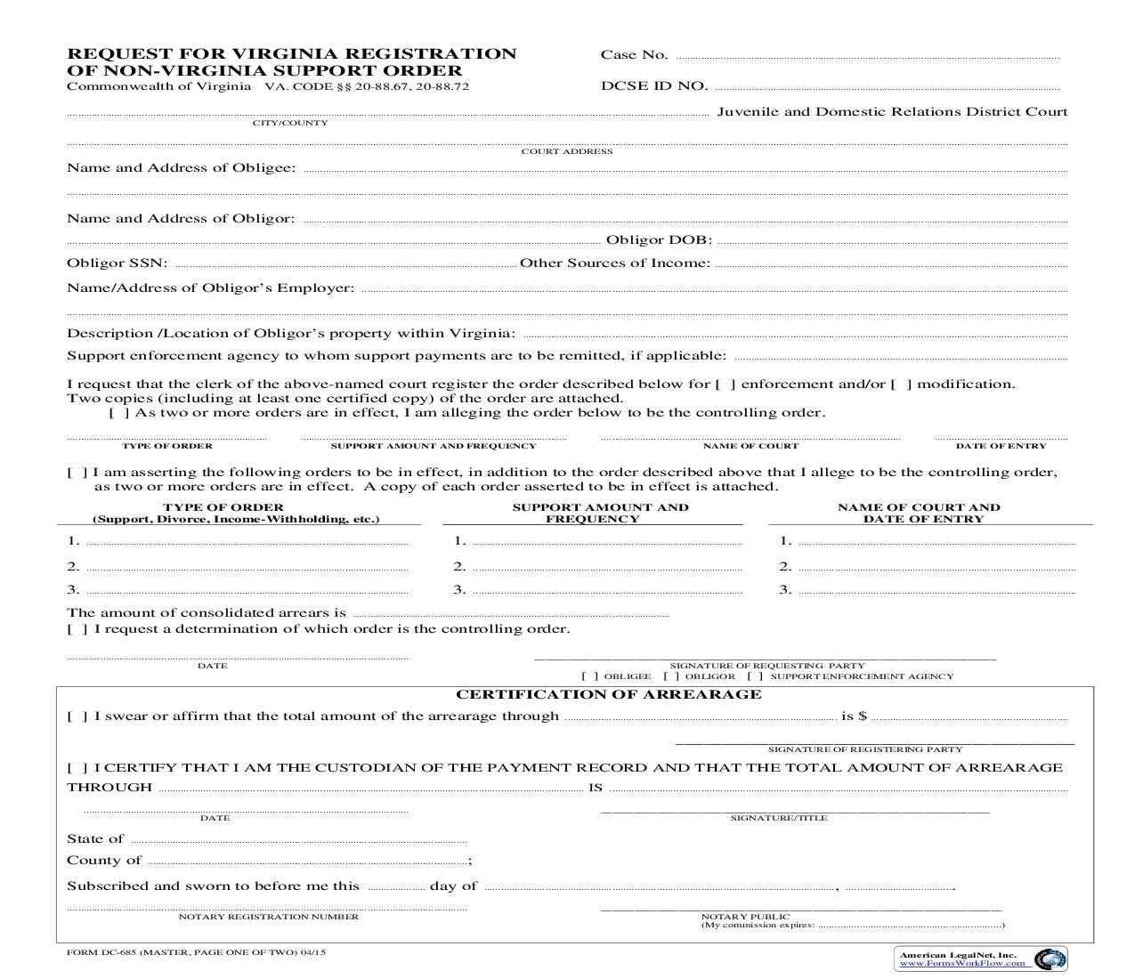 Request For Virginia Registration Of Foreign Support Order {DC-685} | Pdf Fpdf Doc Docx | Virginia