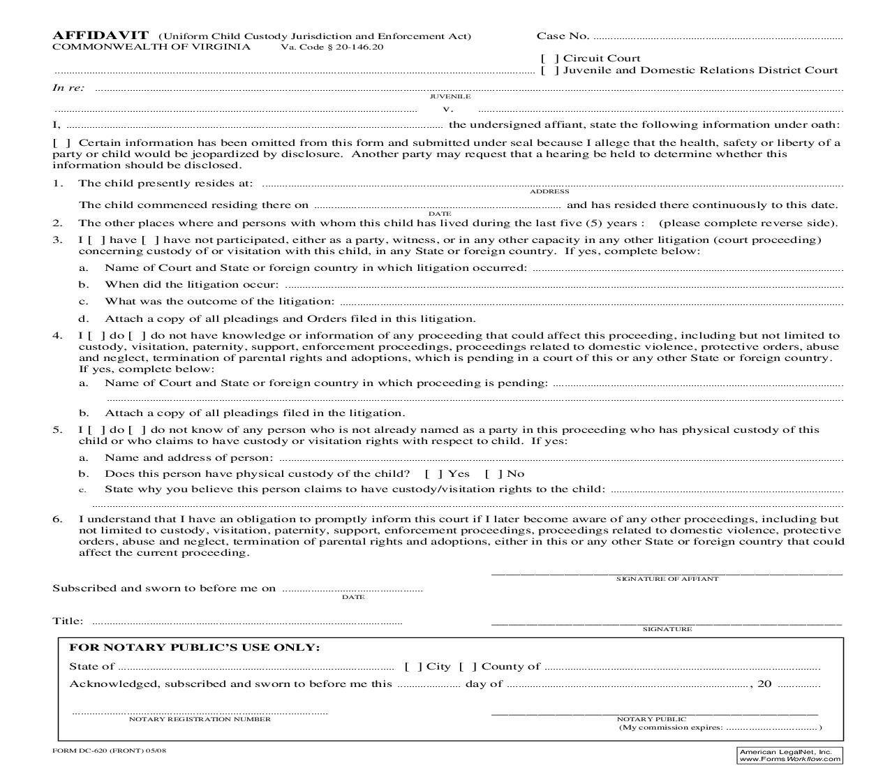 Affidavit Uniform Child Custody Jurisdiction And Enforcement Act {DC-620} | Pdf Fpdf Doc Docx | Virginia