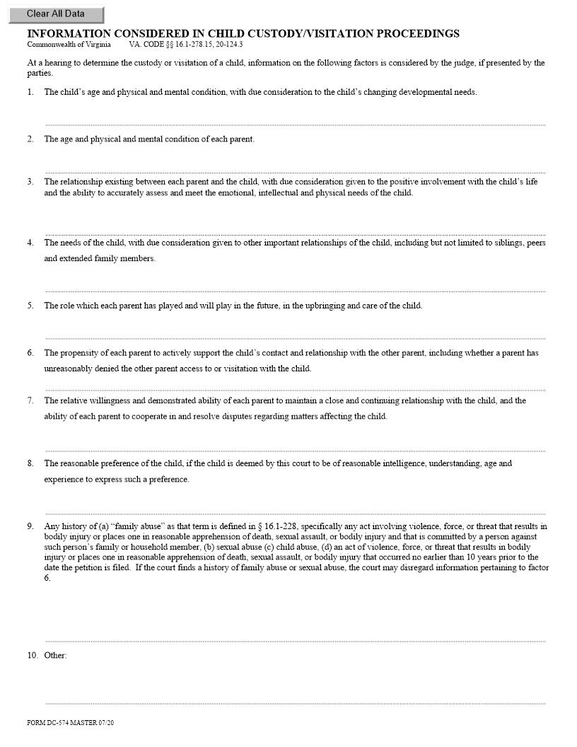 Information Considered In Child Custody Visitation Proceedings {DC-574} | Pdf Fpdf Doc Docx | Virginia