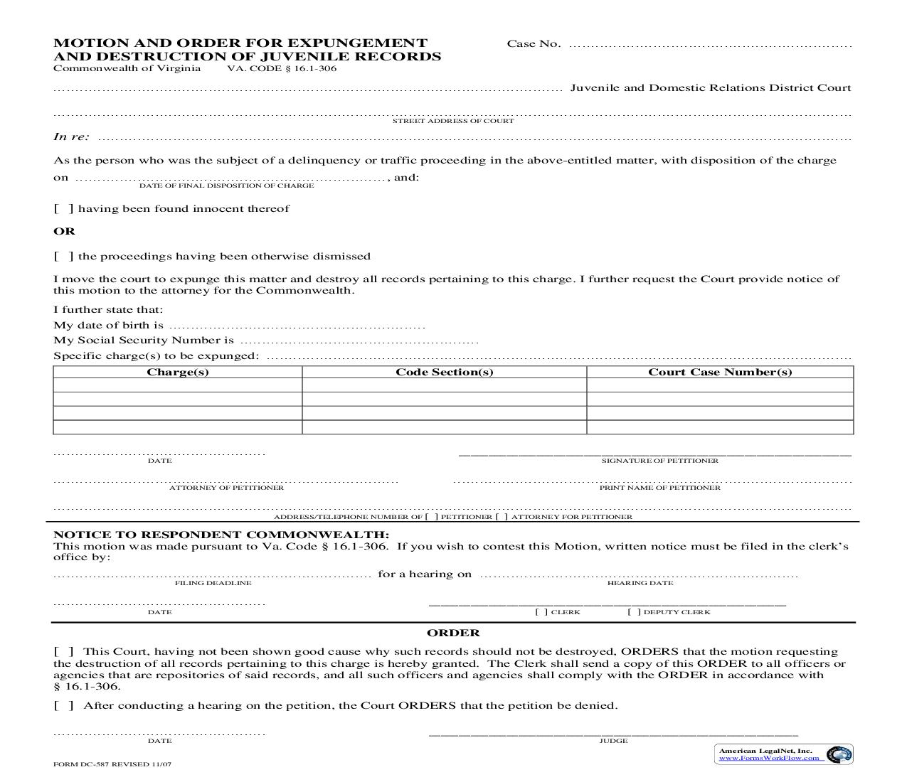 Motion And order For Expungement And Destruction Of Juvenile Records {DC-587} | Pdf Fpdf Doc Docx | Virginia