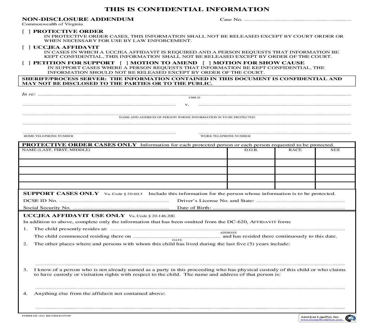 Non Disclosure Addendum Uniform Child Custody Jurisdiction Act {DC-621} | Pdf Fpdf Doc Docx | Virginia