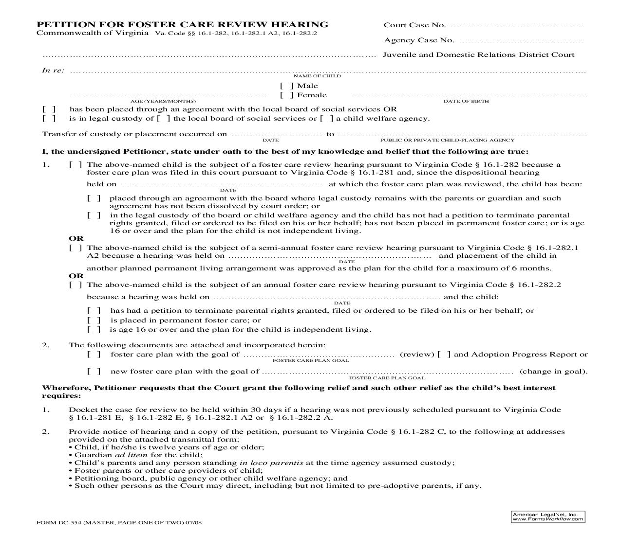 Petition For Foster Care Review Hearing {DC-554} |  | Virginia